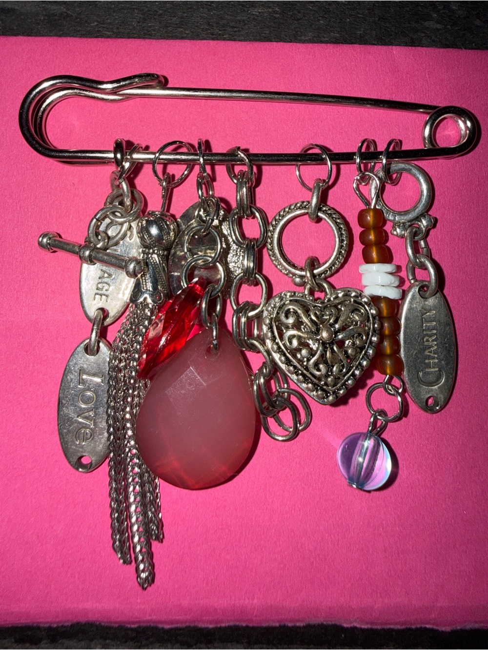 Silver-Tone Pink Teardrop & Heart Charm Brooch by
